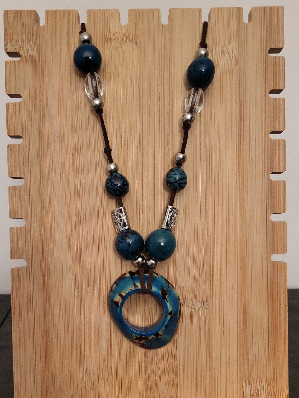 Handcrafted Tagua Bead Blue, Black, Brown Beaded Pendant Necklace